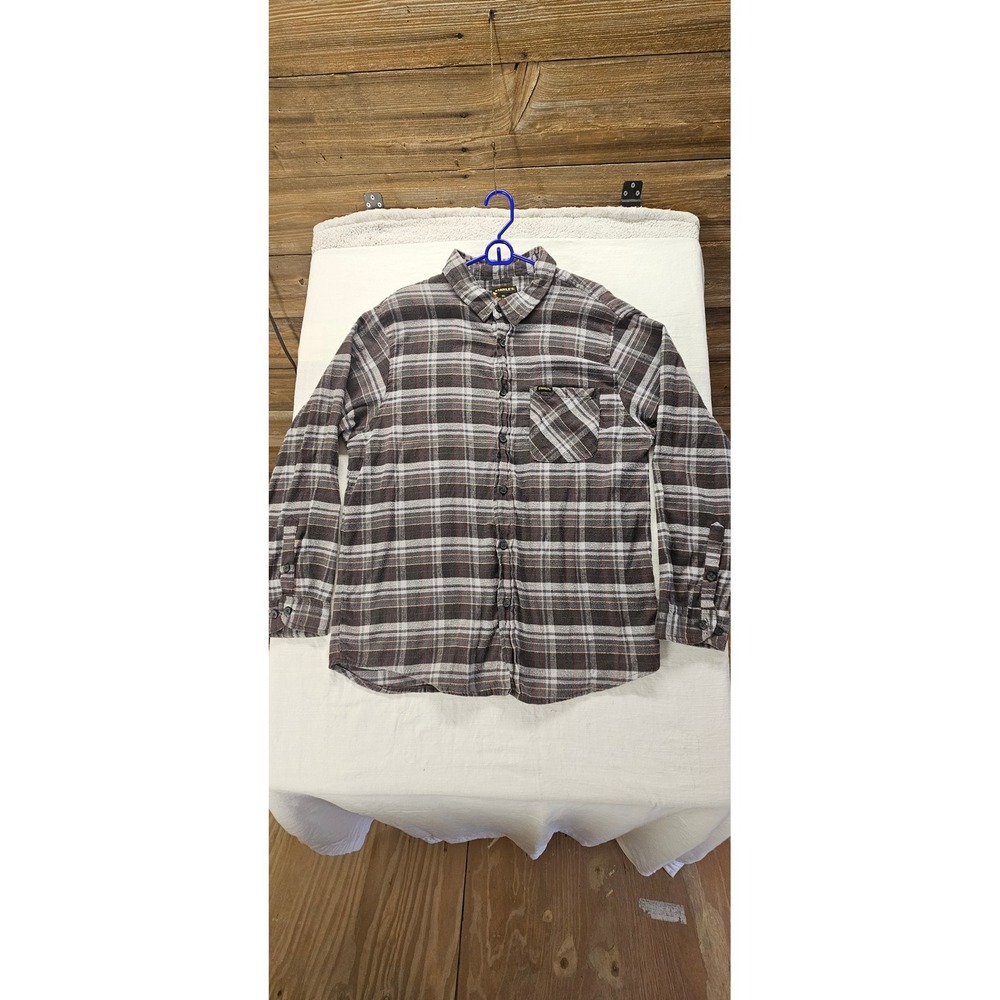 Stanley Mens XL Plaid Flannel Button Down Shirt Grey White Long Sleeve Workwear